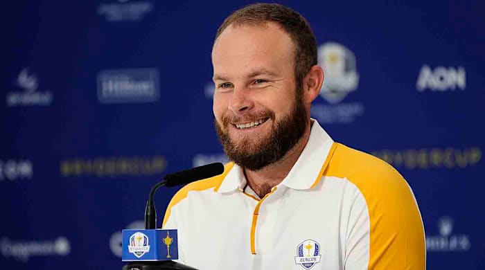 Team Europe golfer Tyrrell Hatton addresses the media in a press conference during a practice day for the 2023 Ryder Cup.
